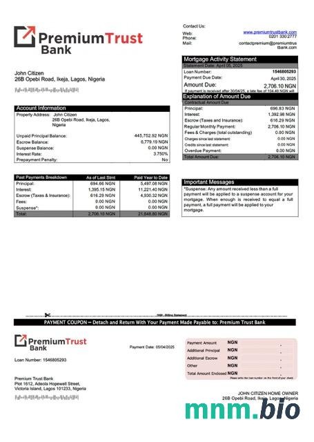 Nigeria Premium Trust Bank wyciąg z kredytu hipotecznego szablon Word i PDF